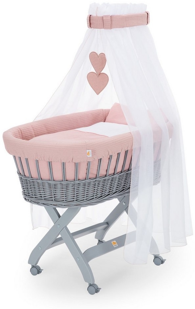 FabiMax Stubenwagen Grau lackiert, 2 in 1 Musselin / Waffelpiqué Komplettset Rosa mit Decke und Kissen Bild 1