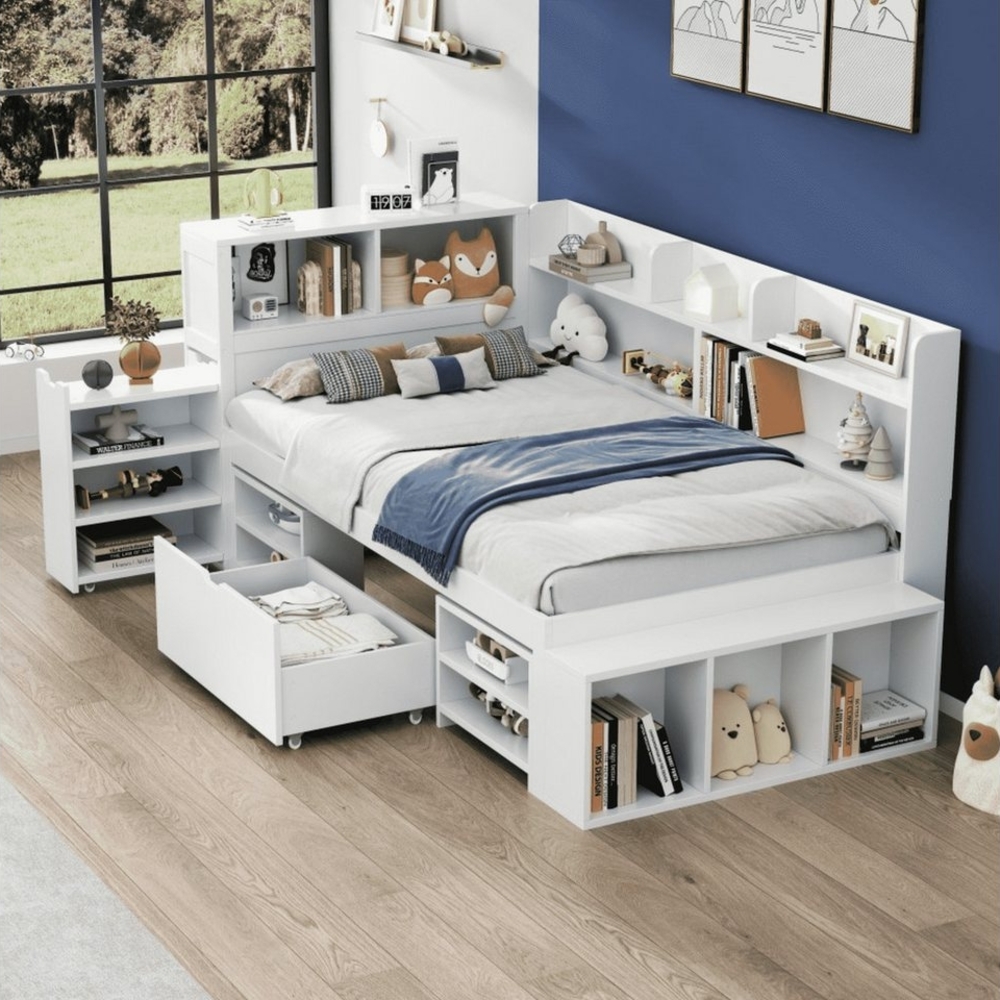 BlingBin Kinderbett Einzelbett, Multifunktionales Kinderbett, Stauraumbett, Jugendbett (Bettgestell mit Schubladen, Bücherregal und Stauschrank, 1-tlg, 90*200 cm, Ohne Matratze, Belastbarkeit maximal: 200KG), Großer Stauraum, Lattenrost, Weiß Bild 1