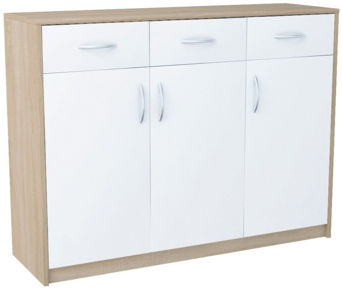 Home Collective Kommode mit 3 Schubladen und 3 Türen in matter Ausführung, Kommode 110cm (mit hochwertigen Polymergriffen, Hergestellt aus laminierten Platten, Metallrollen mit Auszugsperre), Holz Schrank Kommode mit Schubladen sonoma weß Bild 1