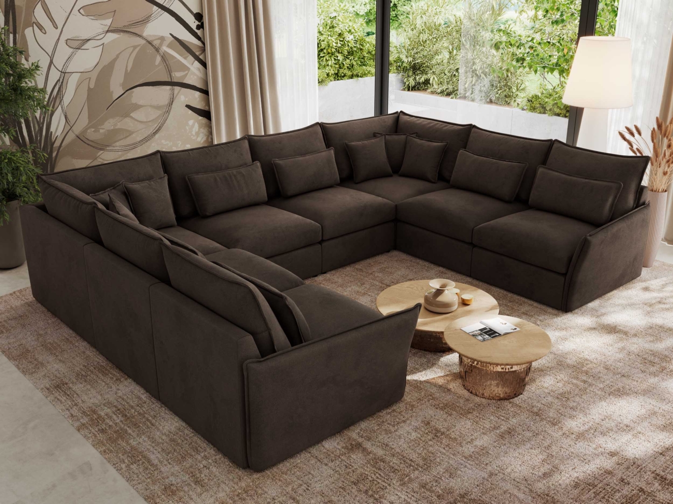 Modulares U-förmiges Wohnzimmer-Ecksofa, XXL Ecksofa mit Armlehnen, Wohnlandschaft, Universal-Ecksofa mit lockeren Kissen - VERSO U 8M - Braun Velours Bild 1