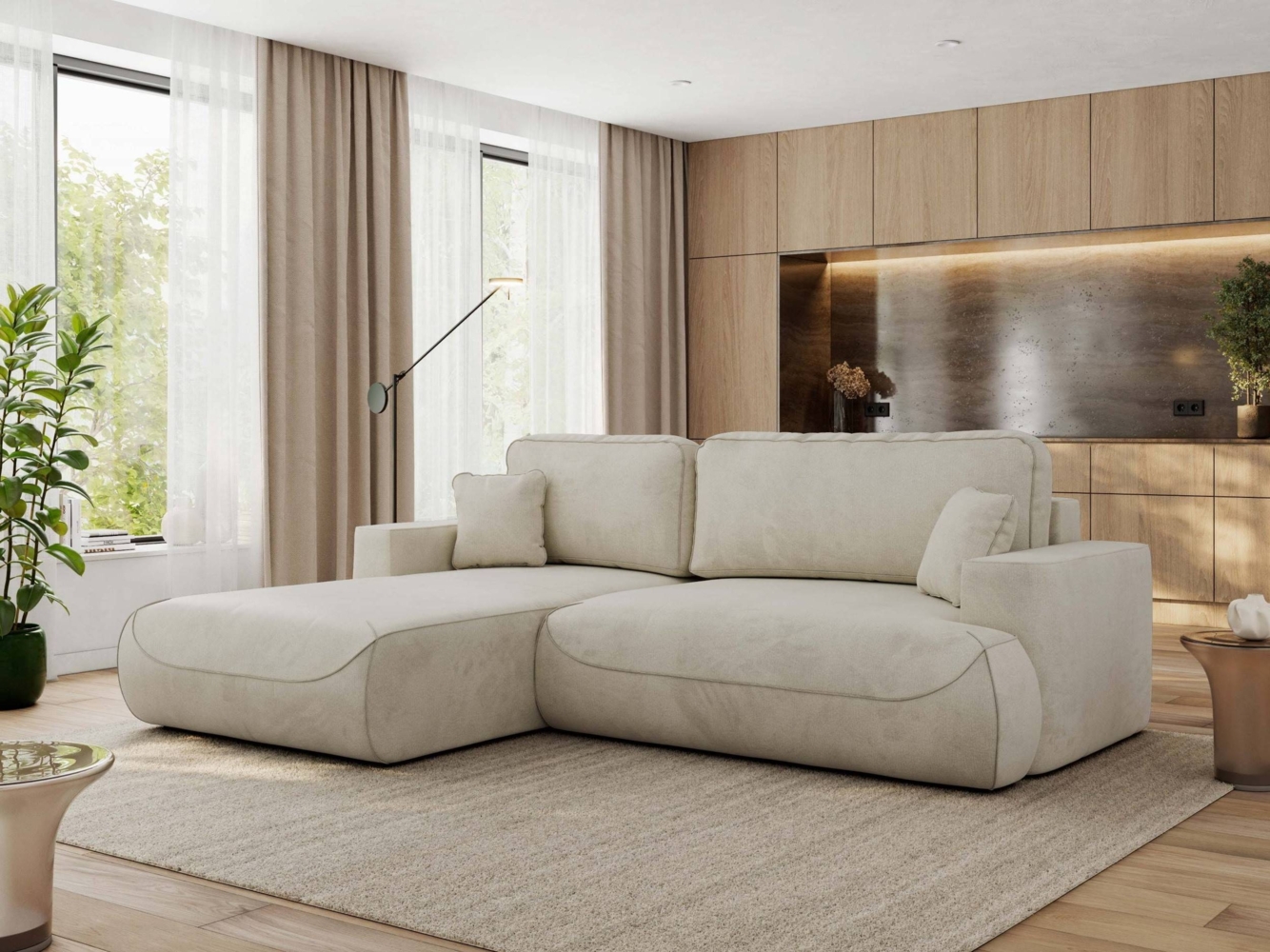 Ecksofa OVO mit schlaffunktion und bettkasten, Wellenfeder, lose Kissen, L-form 271x195 cm - Beige Velvet - linke Seite Bild 1