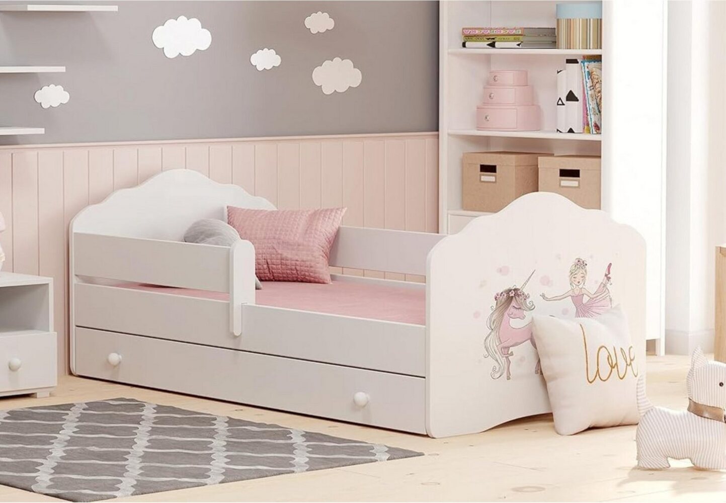 Kids Collective Kinderbett für Mädchen mit Matratze und Schublade & Lattenrost (70x140, 80x160 cm Jugendbett Einzelbett Komplettbett in weiß mit Pferd Motiv), Bett für Kinder Bett komplett Set Rausfallschutz Kinderbett 70x140 cm Bild 1