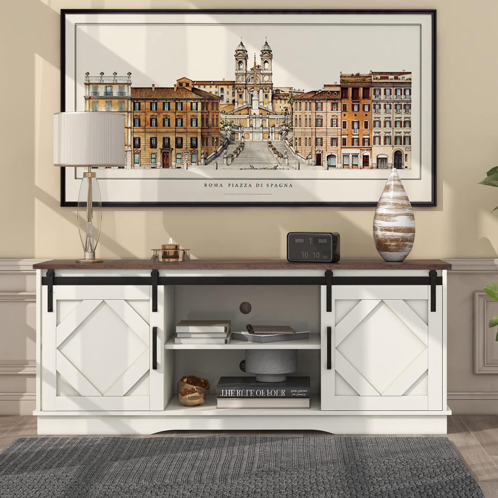 Merax Sideboard Küchenschrank, Industrial Design TV-Ständer Aufbewahrungsschrank mit 2 Schiebetüren und Verstellbare Ablage, Landhausstil Beistellschrank für Wohnzimmer, Esszimmer, Weiss & Braun Bild 1