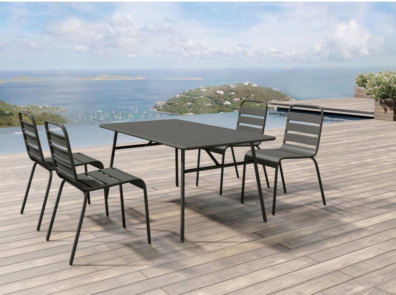Vente-unique - Garten-Essgruppe: Tisch D. 160 cm + 4 stapelbare Stühle - Metall - Anthrazitgrau - MIRMANDE von MYLIA Bild 1
