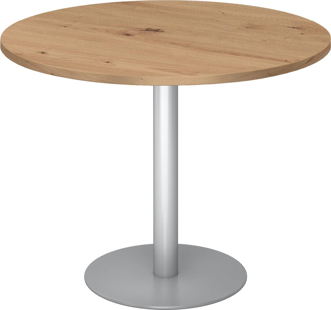 bümö Besprechungstisch, Esstisch klein, Tisch rund 100 cm - kleiner Esstisch Asteiche, Rundtisch Esstisch 2 Personen mit Holz-Platte, Säule aus Metall in silber, Konferenztisch, Bistrotisch, STF10-R-S Bild 1