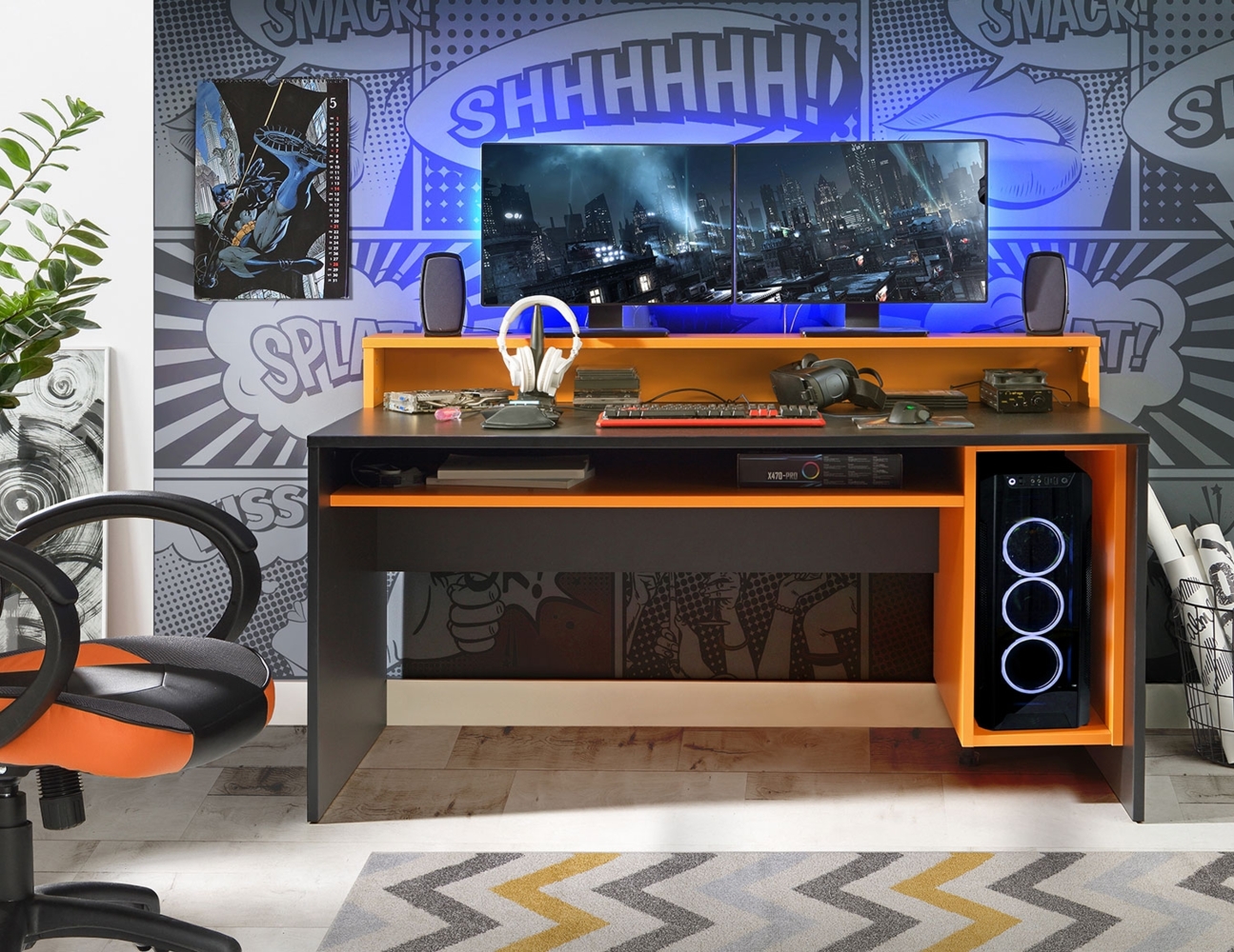 Gamingtisch Computertisch PC-Tisch Schreibtisch 160x72cm schwarz orange Bild 1