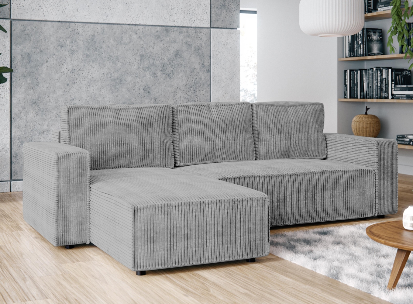 AX LIVING Ecksofa L Form Aydin Cord Schlafsofa Hellgrau mit Bettkasten Bild 1