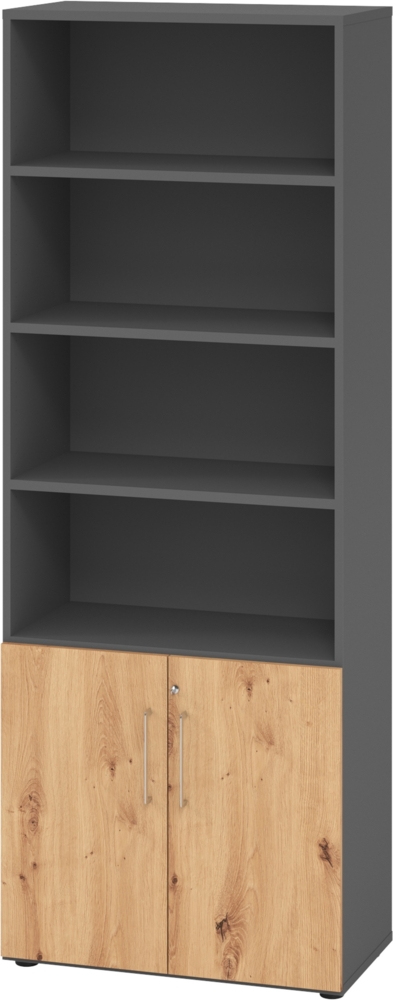 bümö Aktenregal & Schrank abschließbar, Büroschrank Regal Kombination Holz 80cm breit in Graphit/Asteiche - abschließbarer Schrank für's Büro & Arbeitszimmer, Büro Möbel Ordnerschrank, 968T2-G-R-BS Bild 1