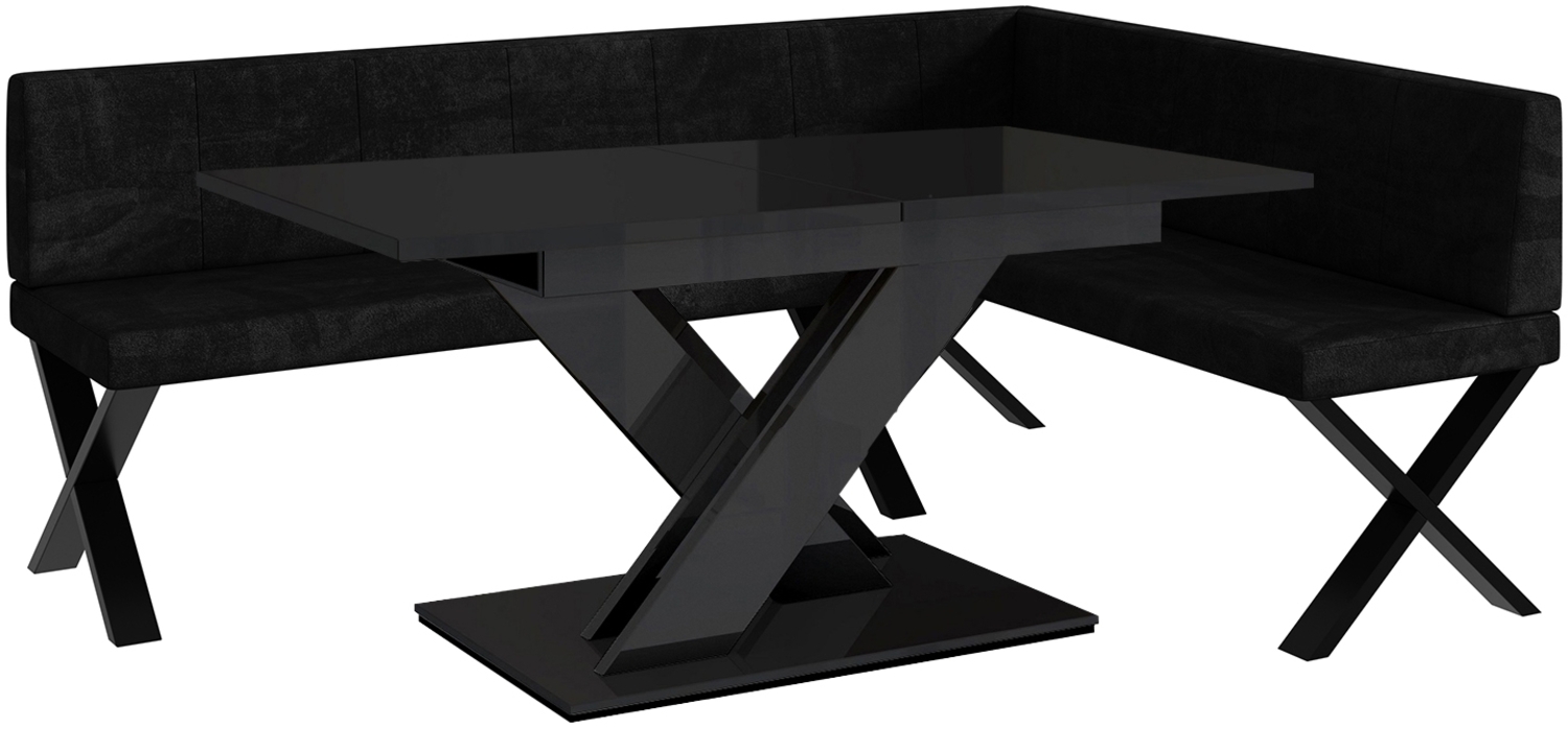 MEBLINI Eckbank für Esszimmer mit ausziehbarem Tisch - Küchenbank - Essecke - Sitzecke Küche - PETER - X-Beine 142 x 196 x 87 cm Rechts - Schwarz Samt/B Schwarz Hochgl. Bild 1