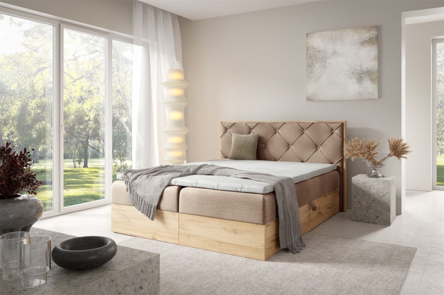 Boxspringbett Schlafzimmerbett HELIOS PREMIUM 140x220cm in Stoff Rouge Beige Bild 1