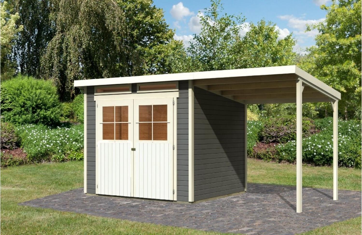 Karibu Gartenhaus 19mm Glücksburg 4 mit Anbau 426x217 cm terragrau Bild 1