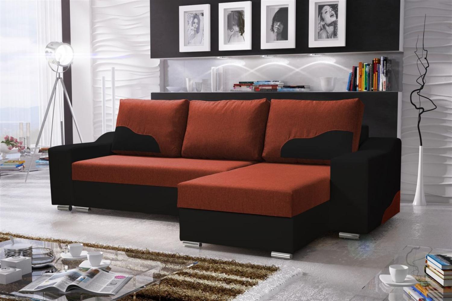 Ecksofa COLLIN mit Schlaffunktion Schwarz/Dunkelorange Ottomane Rechts Bild 1