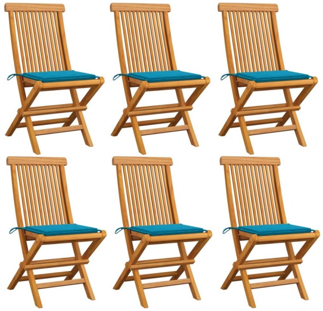 Gartenstühle mit Blauen Kissen 6 Stk. Massivholz Teak Bild 1