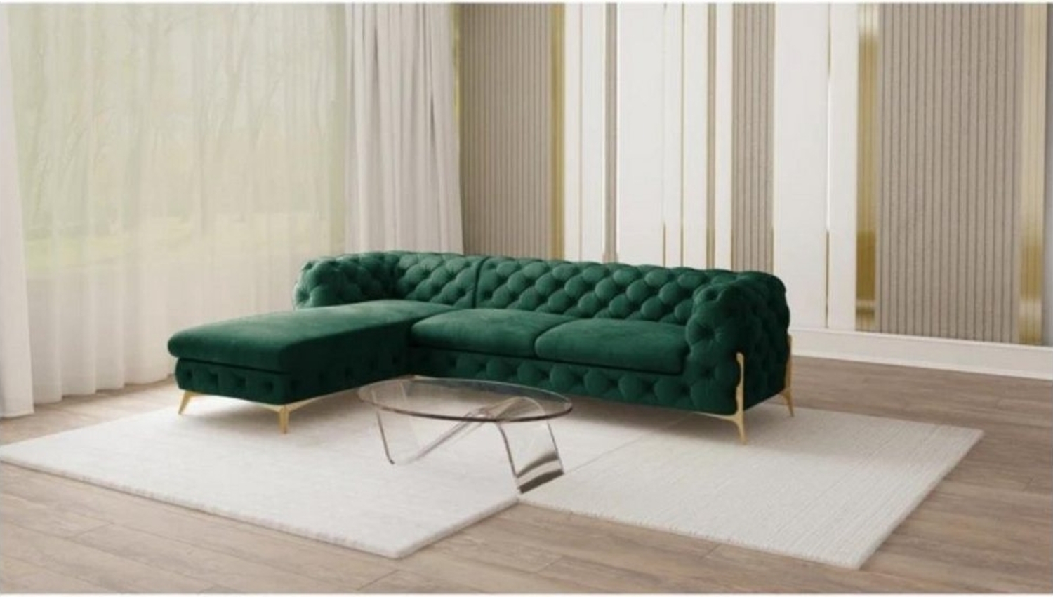 S-Style Möbel Ecksofa mit Ottomane Chesterfield Ashley mit Goldene Metall Füßen, Ottomane links oder rechts bestellbar, mit Wellenfederung Bild 1