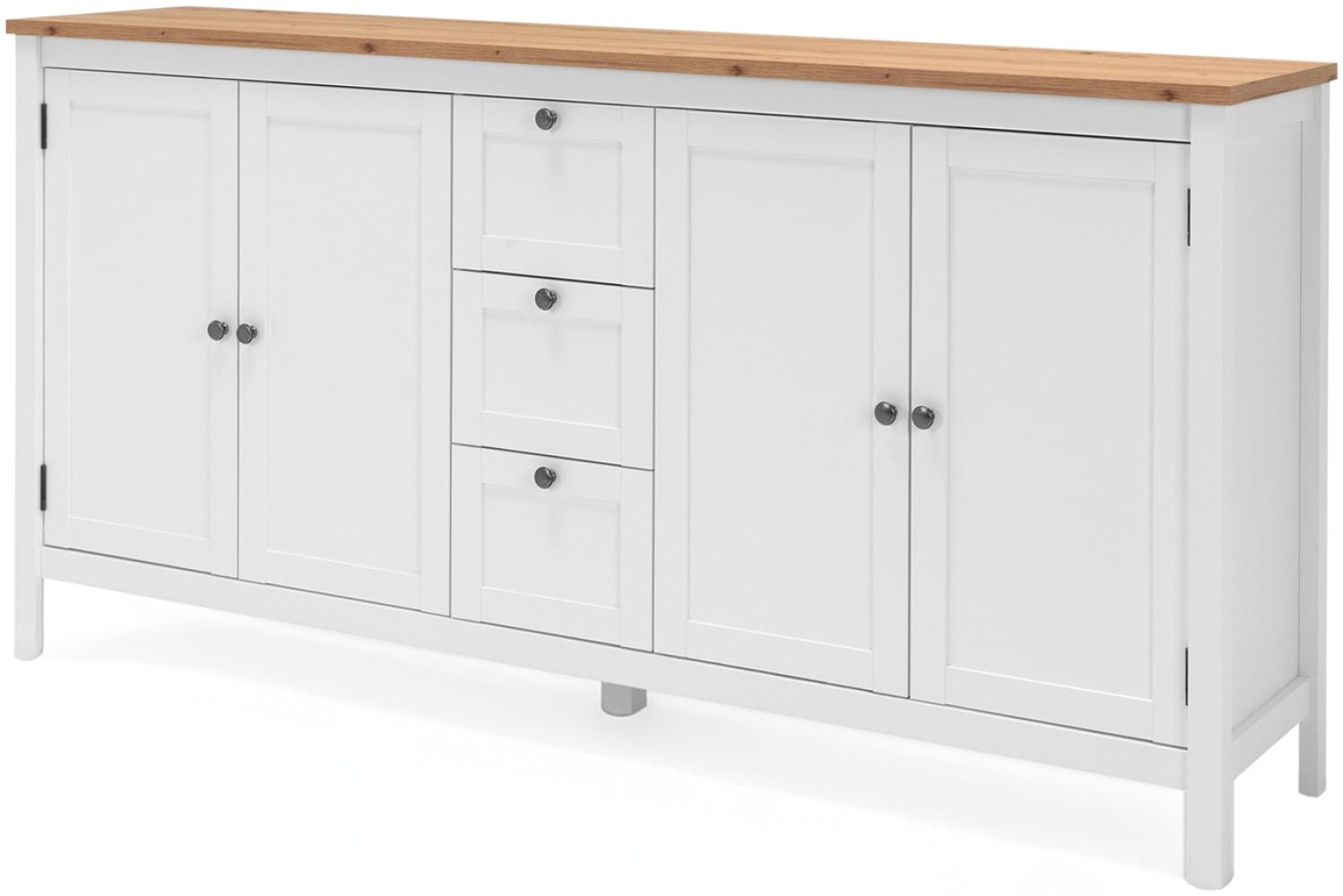 KHG Sideboard 4-türig mit 2 Einlegeboden Landhaus, 4 Schubladen, Kommode aus Holzwerkstoff weiß foliert, Deckplatte Holzoptik Asteiche foliert, silberne Metall-Griffe, 180 x 90 x 40 cm (B/H/T) Bild 1