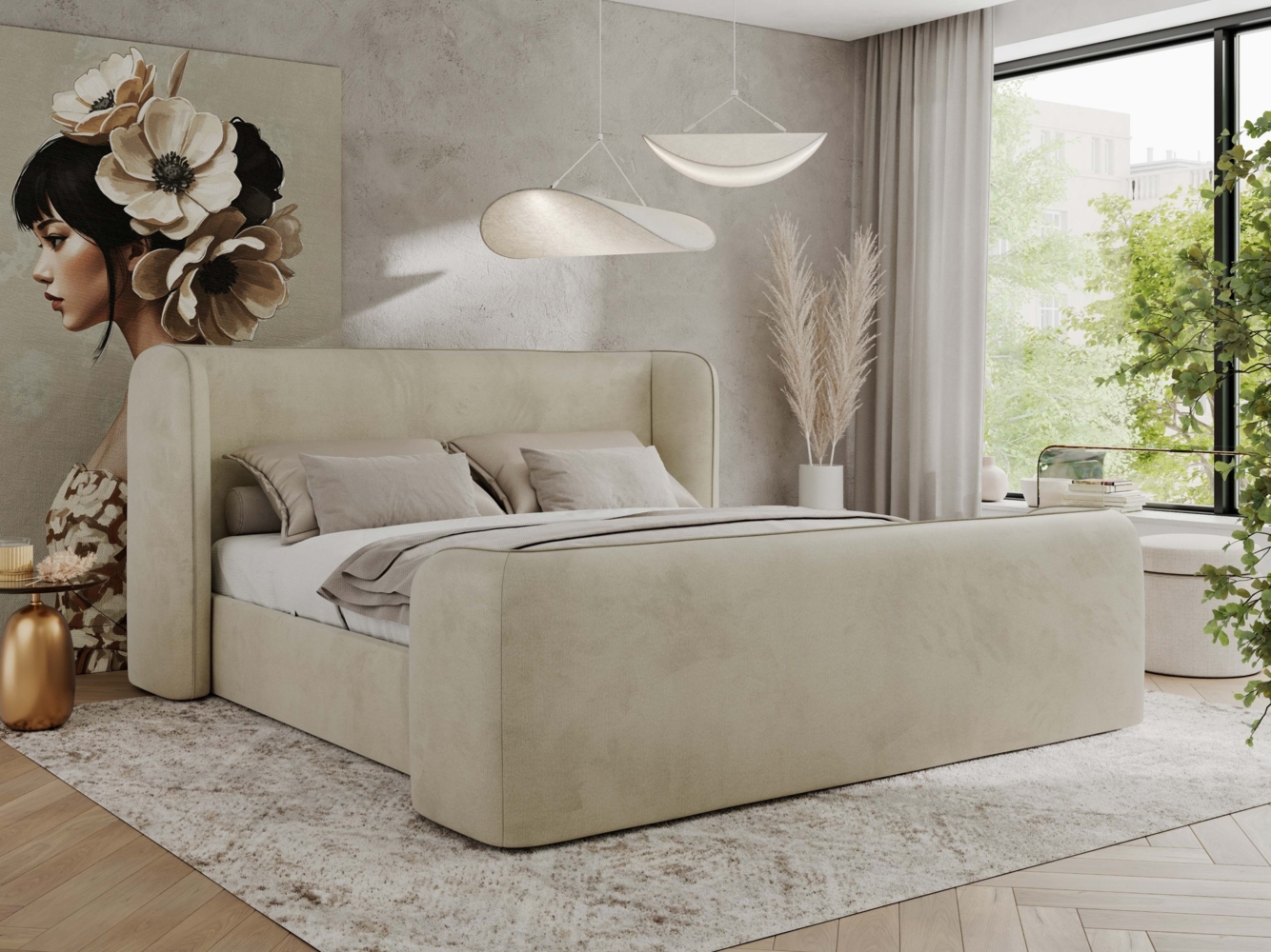 Polsterbett mit Lattenrost, Doppelbett für Schlafzimmer, Gepolstertes Kopfteil, Multipocket matratze, Härtegrad H3/H4 - EMORA CLASSIC DUO - 180 x 200 cm - Beige Velours - ELORI - LUX Bild 1