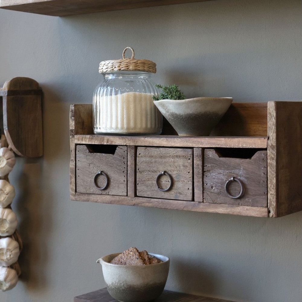 Chic Antique Regal Wandregal stehen hängend 3 Schubladen Alt Holz 41080800 Bild 1