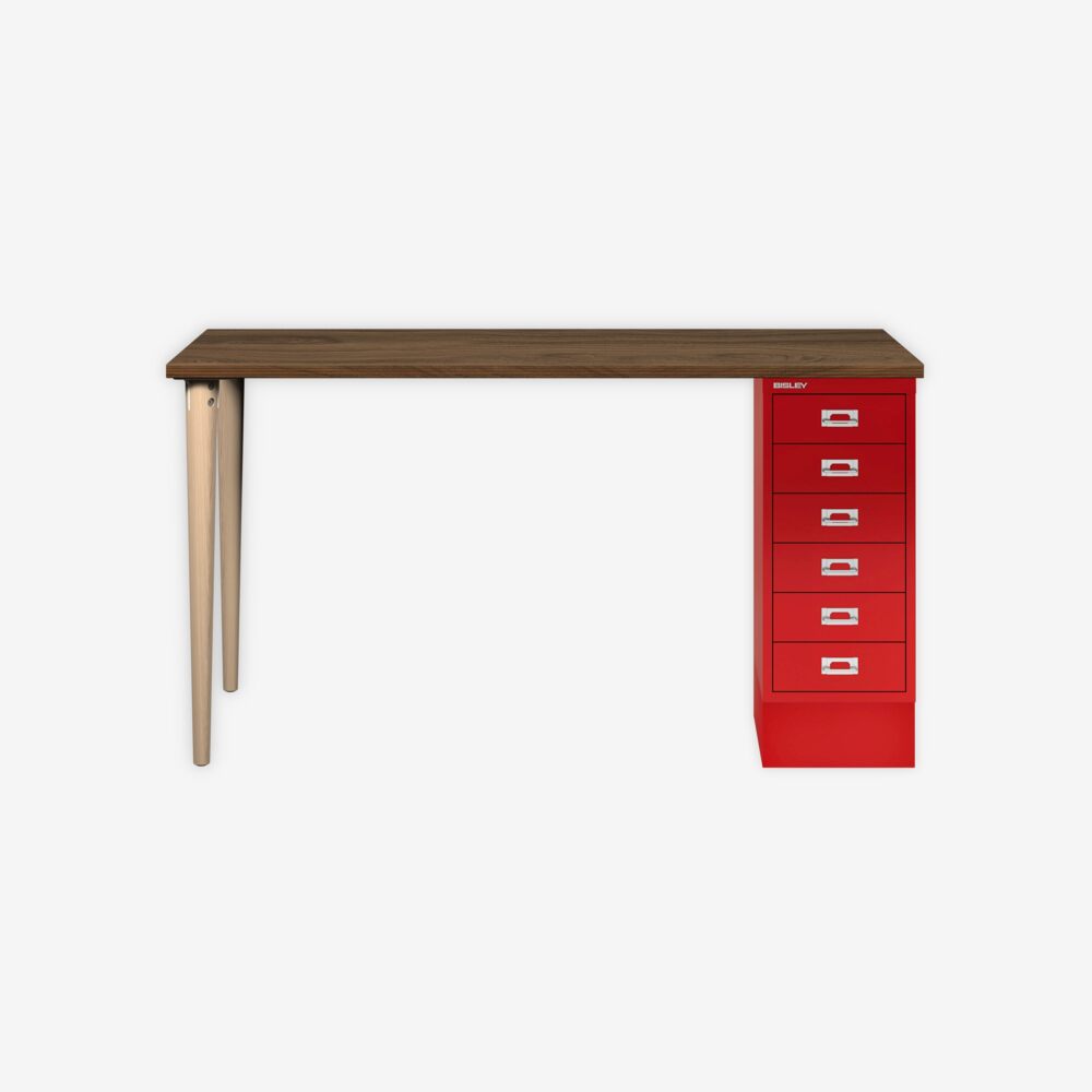 MultiDesk, 2 Eichenfüße, 1 MultiDrawer mit 6 Schüben, Dekor Nussbaum, Farbe Kardinalrot, Maße: H 740 x B 1400 x T 600 mm Bild 1