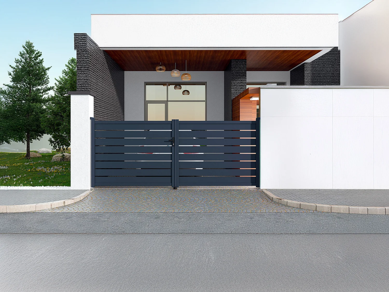 Vente-unique - Gartentor Flügeltor Doppeltor mit Torantrieb - 397 x 166 cm - durchbrochen - Aluminium - Anthrazit - PRIMO Bild 1