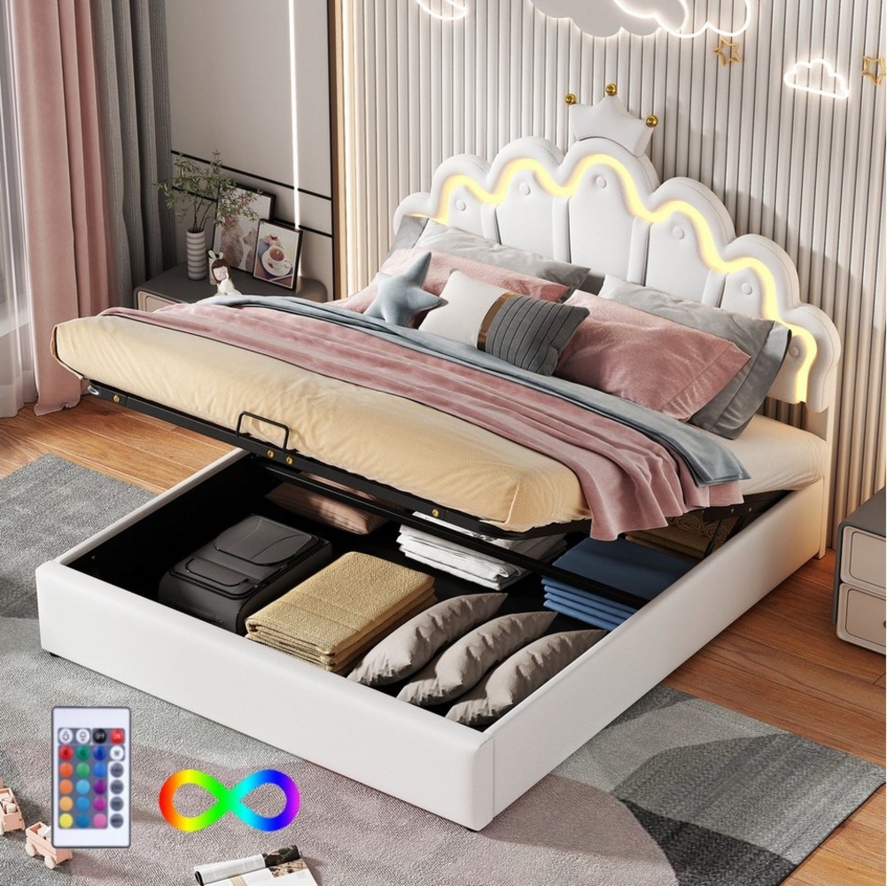 STILVORA Kinderbett 140×200 mit bettkasten&LED,Prinzessin Bett Polsterbett ohne matratze (weiche Polsterung aus kunstleder, verstellbarer LED-Umgebungslichtstreifen, Flaches Doppelbett 140*200cm), ohne Matratze Bild 1