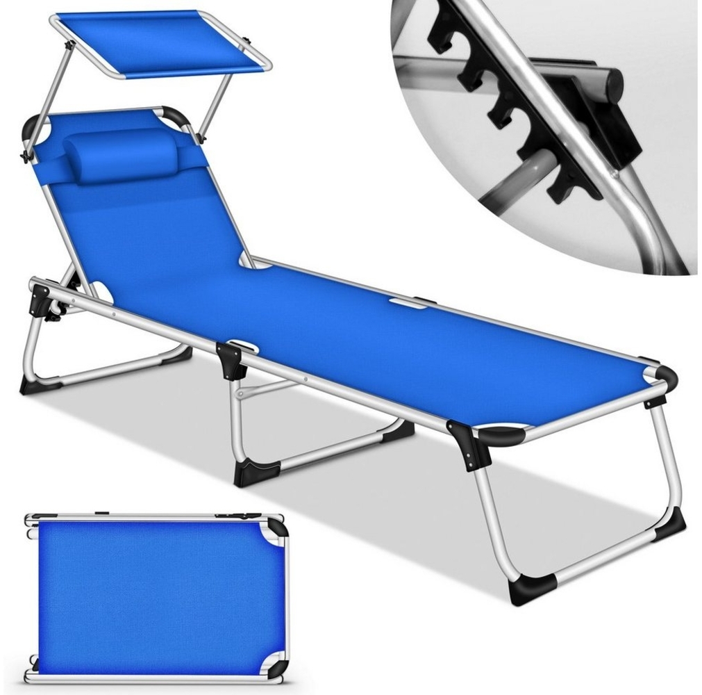 tillvex® Sonnenliege mit Dach und Kopfkissen Blau - Basic Polsterung | Gartenliege Liegestuhl klappbar | Strandliege mit verstellbarer Rückenlehne, gepolsterte Liegefläche | Aluminium Liege Bild 1