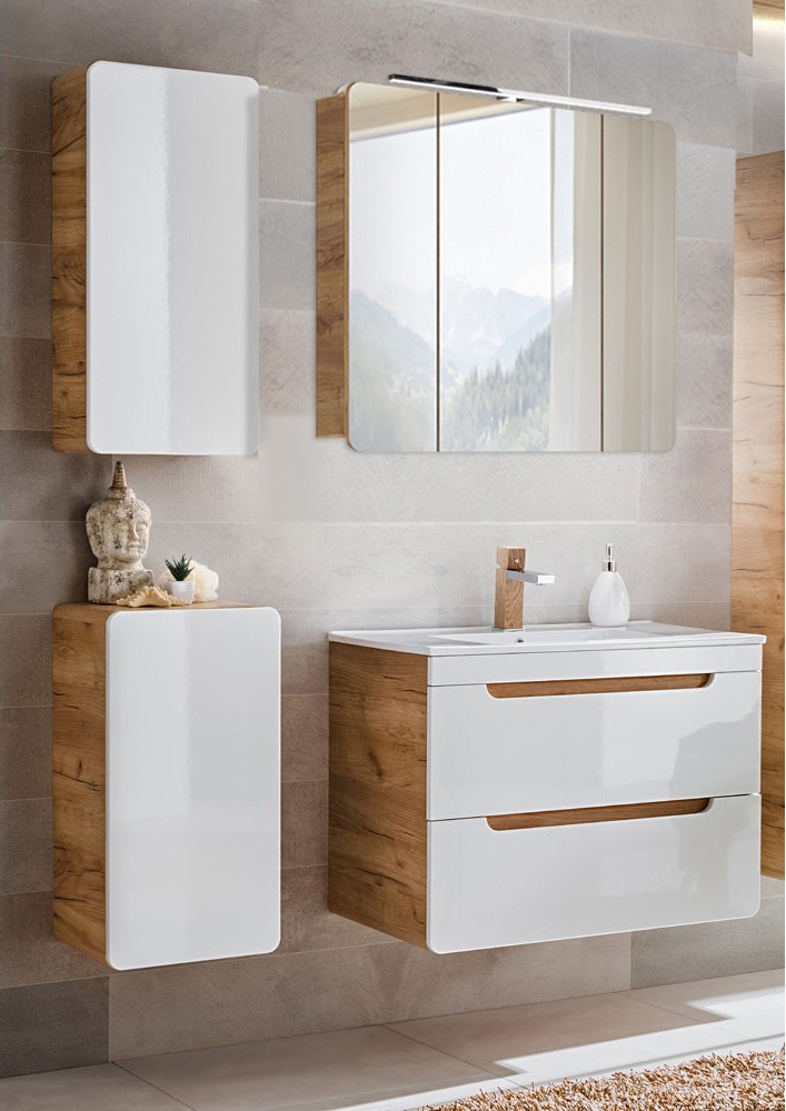 Badmöbel Set mit Keramikwaschtisch LUTON-56 in Hochglanz weiß mit Wotan Eiche Nb, B/H/T ca. 130/200/46 cm Bild 1