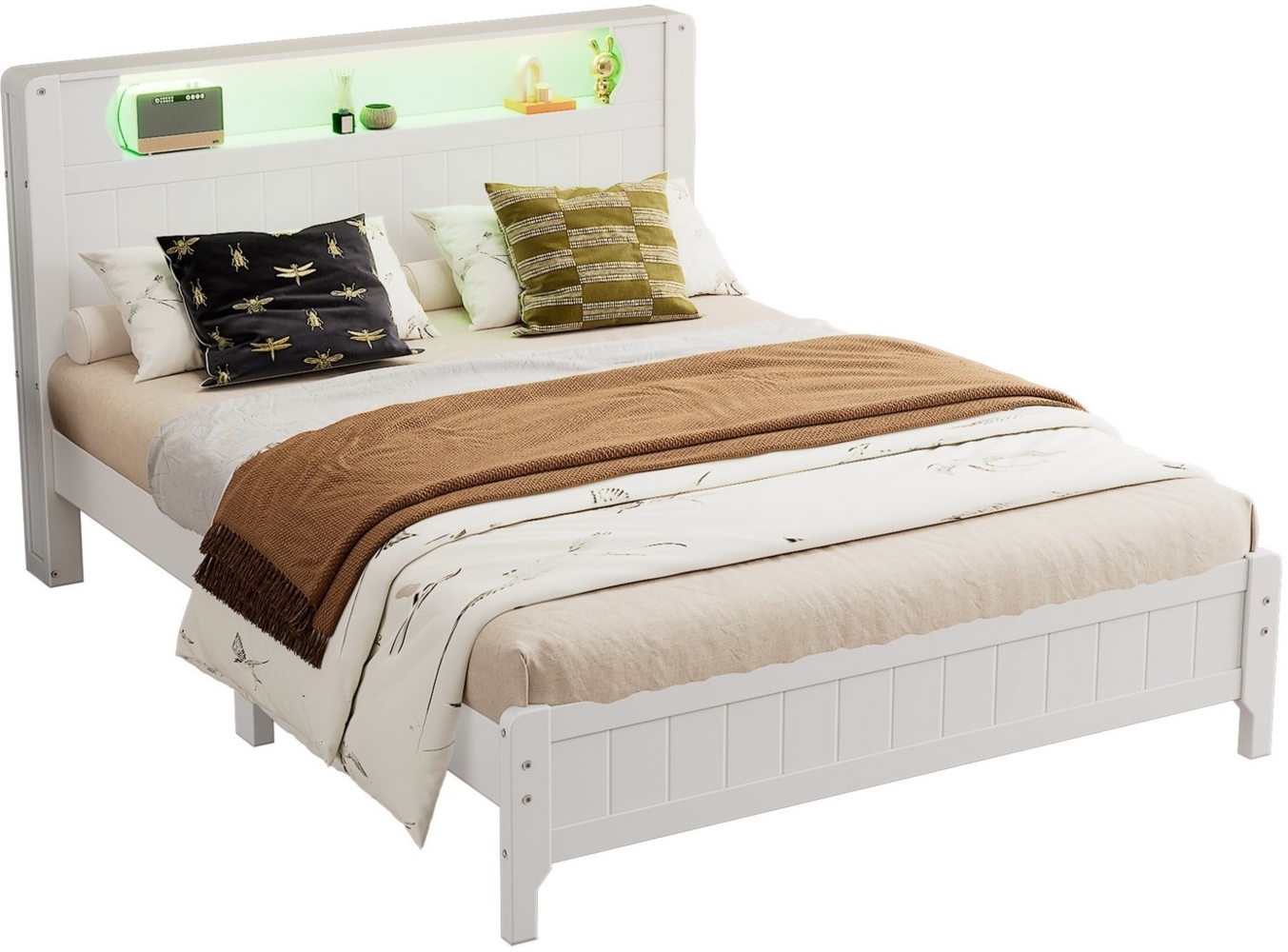 Sweiko Stauraumbett Funktionsbett Doppelbett Holzbett Juniorbetten Gästebett (Flachbetten,Offenes Regal,Mit Umgebungslichtstreifen,Heranwachsende und Erwachsene, 1-tlg, Rahmen aus Kiefer, Kiefer+MDF, Weiß), 140x200cm,ohne Matratze Bild 1