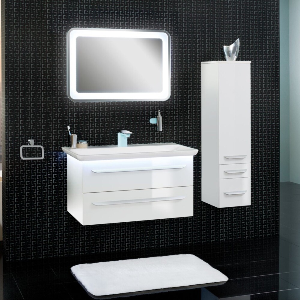 Lanzet M9 Badmöbel Set 5-teilig, 100 cm breit, Weiß, LED Spiegelelement + Midischrank Bild 1