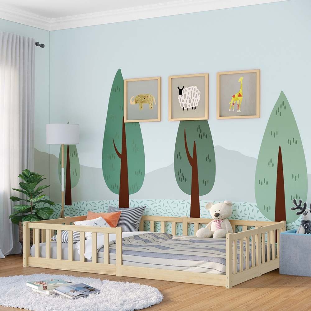 Bellabino 'Vere' Bodenbett 120x200 cm, natur, Massivholz Kiefer, Montessori Kinderbett mit Rausfallschutz und Lattenrost Bild 1