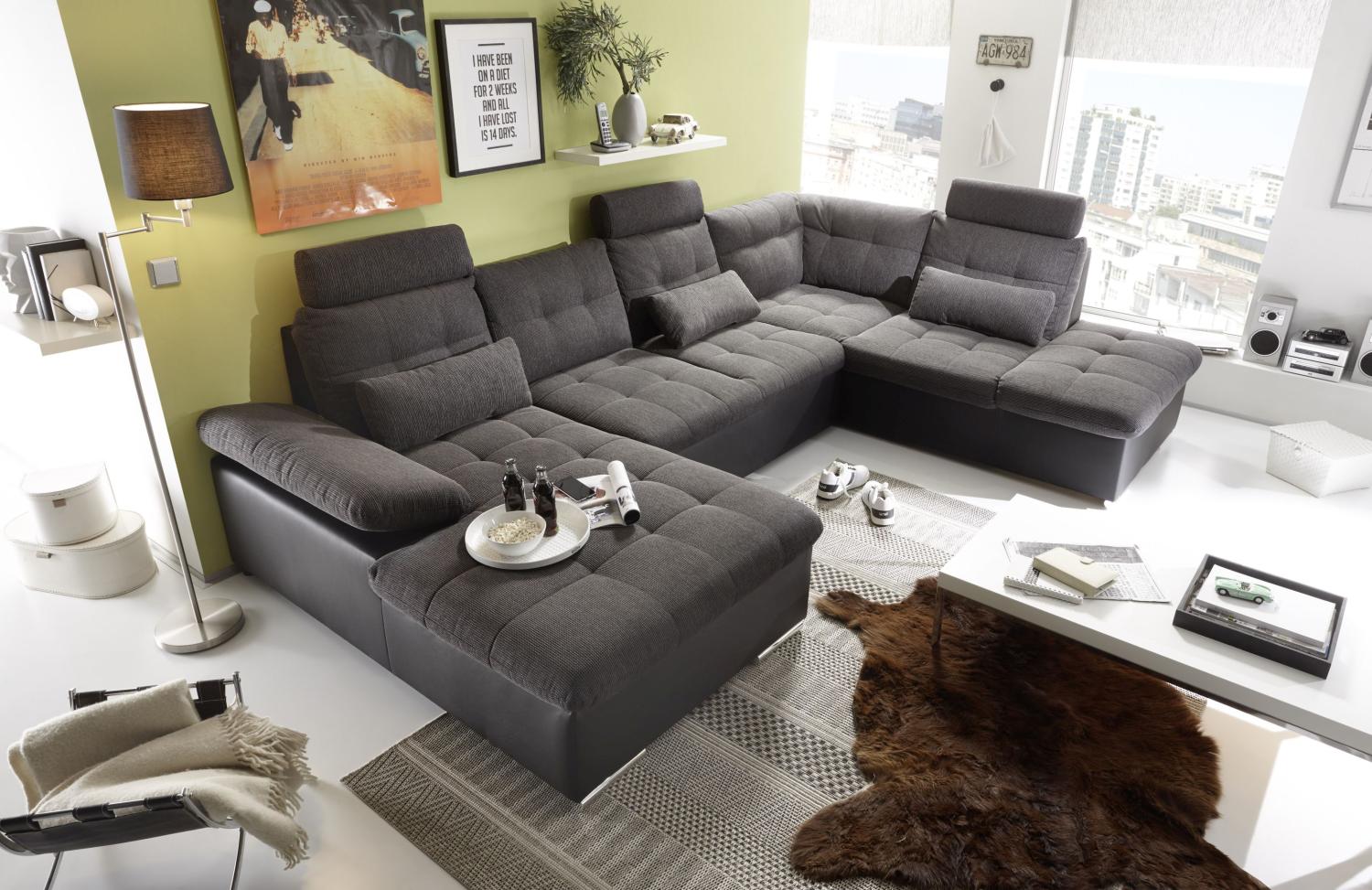 Couch Wohnlandschaft Schlaffunktion Schlafsofa schwarz grau Ottomane rechts Bild 1