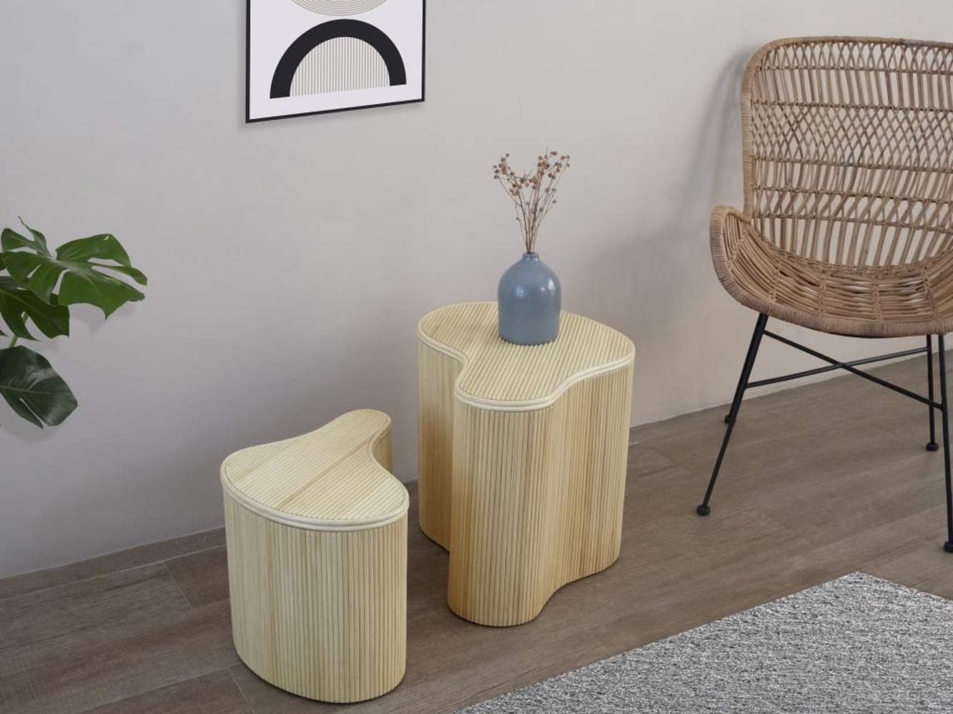 Vente-unique - Beistelltische organisch 2er-Set mit Stauraum - Rattan - 52 x 40 x 45 cm & 43,5 x 30 x 33,5 cm - Holzfarben hell - MARSA Bild 1