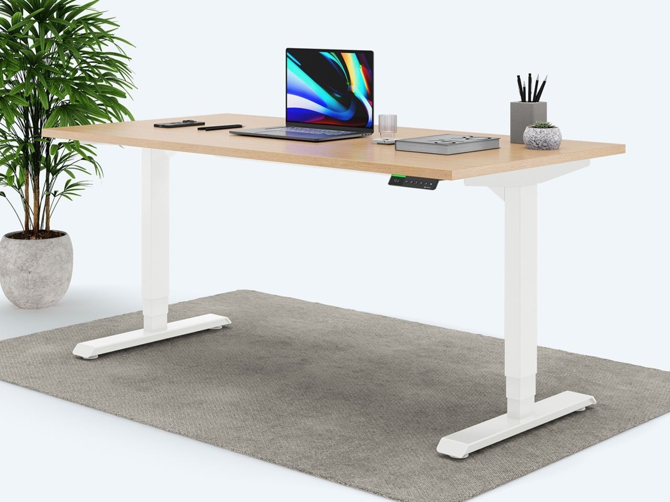 Desktopia Pro X - Elektrisch höhenverstellbarer Schreibtisch / Ergonomischer Tisch mit Memory-Funktion, Buche, Gestell Weiß, 120x80 cm Bild 1