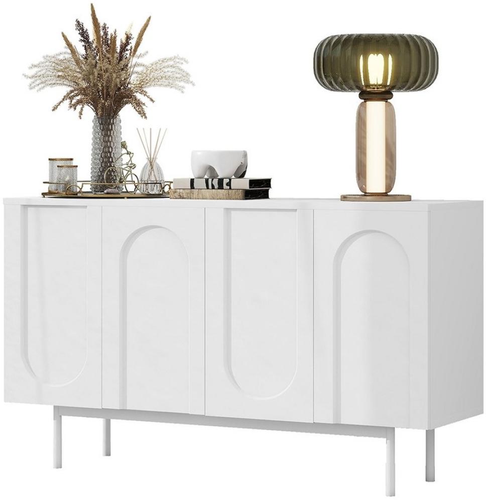 Sweiko Sideboard Küchenschrank Anrichte (Modern minimalistisches reinweißes Sideboard mit 4 Türen im Bogenmuster, für Esszimmer und Wohnzimmer Weiß) Bild 1