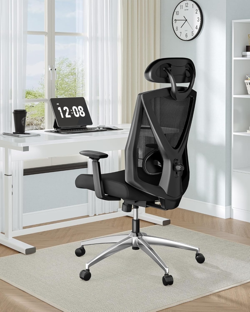 Ergonomischer Bürostuhl, Computerstuhl, Drehstuhl hat Verstellbarer Lordosenstütze, Kopfstütze und Armlehne, Höhenverstellung, Rückenschonend, Maximale Belastung 150 kg, Schwarz Bild 1