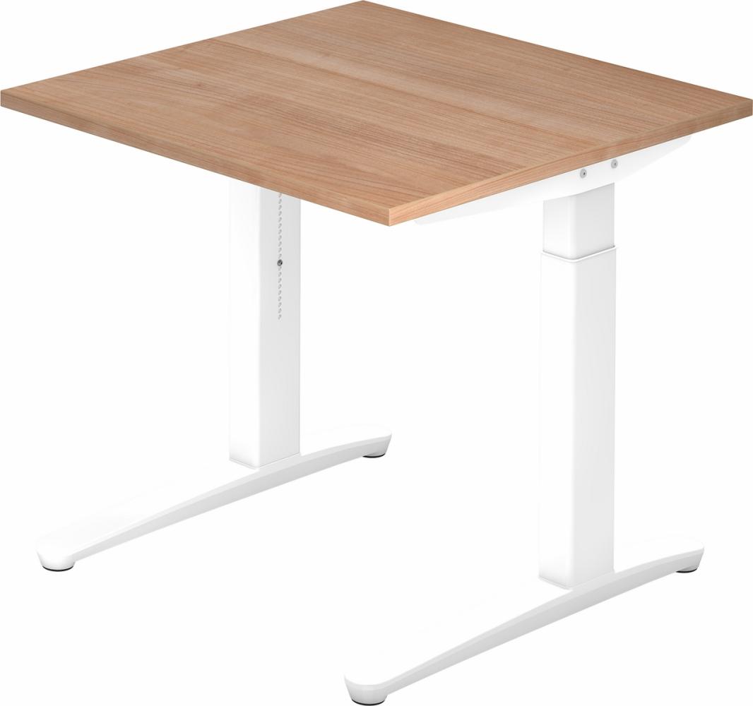 bümö® Design Schreibtisch XB-Serie höhenverstellbar, Tischplatte 80 x 80 cm in Nussbaum, Gestell in weiß Bild 1