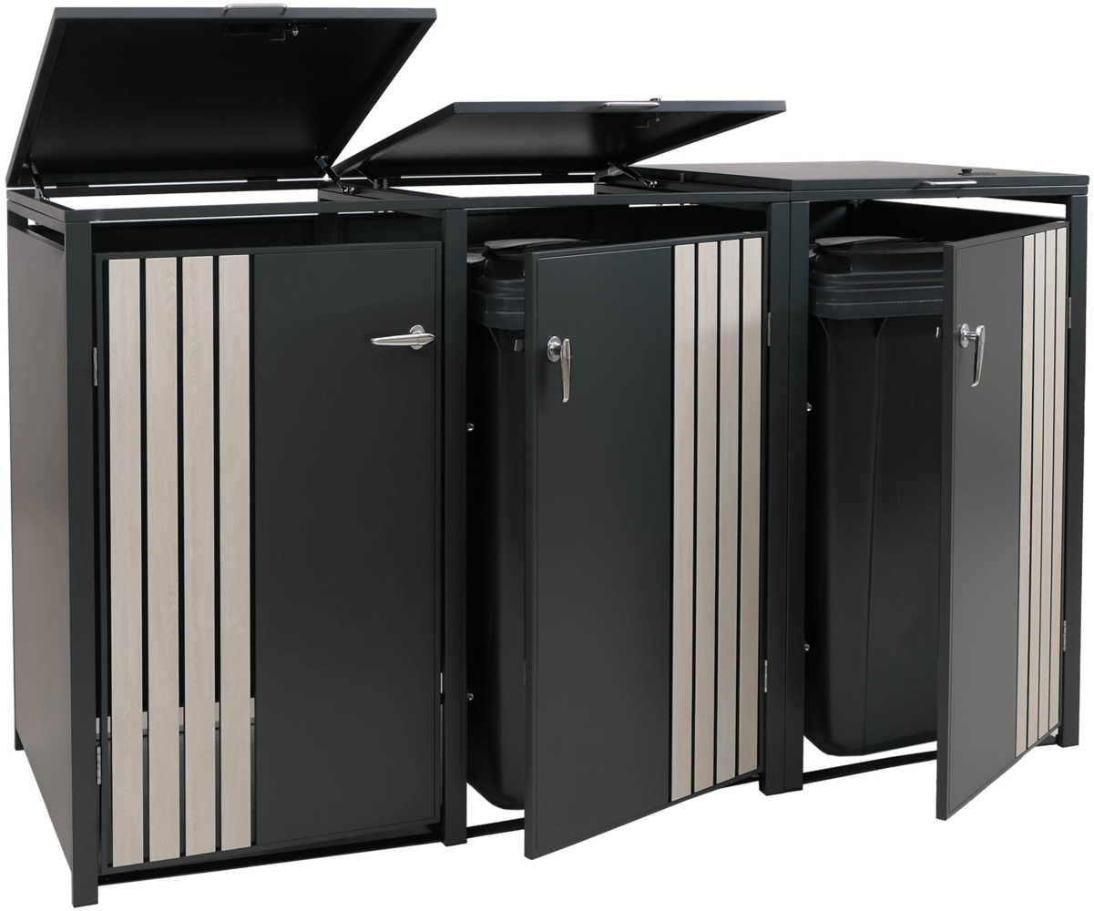 3er-Mülltonnenverkleidung HWC-O67, Mülltonnenbox mit Deckel, Metall 122x200x84cm 83kg ~ anthrazit Holzoptik hell Bild 1