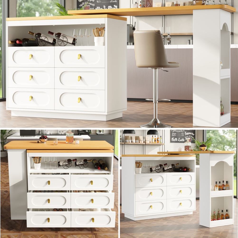 Ausziehbarer Bartisch mit 360° Drehfunktion und Stauraum, längenverstellbar von 138–203 cm, moderner rollbarer Bartisch mit Schubladen für Küche, Wohnzimmer, Esszimmer, Homeoffice, Weiß Bild 1