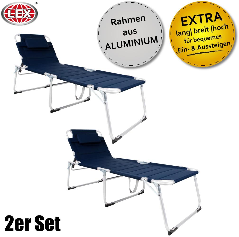 2er-Set XXL 2 m Aluminium Gartenliege Sonnenliege gepolstert Kopfkissen klappbar Dunkelblau Bild 1