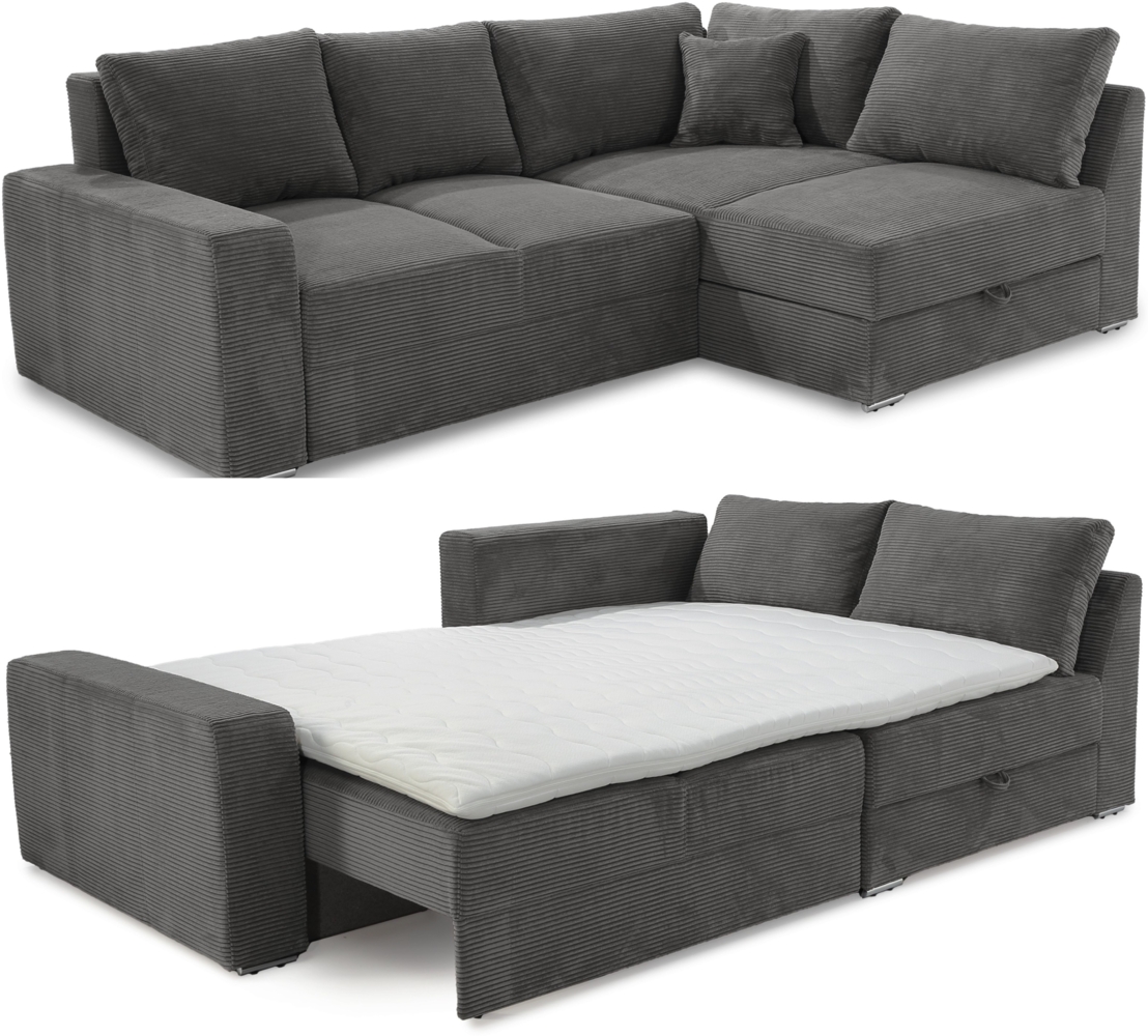 Ecksofa-Dauerschläfer Federkern Topper Bettkasten Schlafcouch Cord Grau Anthraz. Bild 1