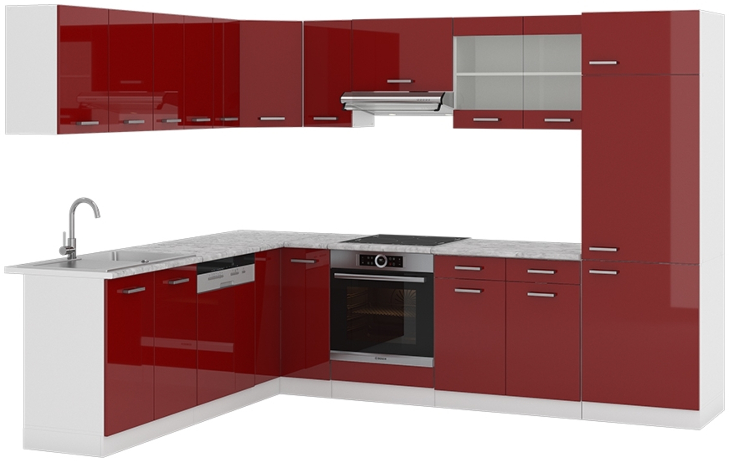 Eckküche R-Line Rot Hochglanz/Weiß 287 x 46 cm ohne Arbeitsplatte Vicco Bild 1