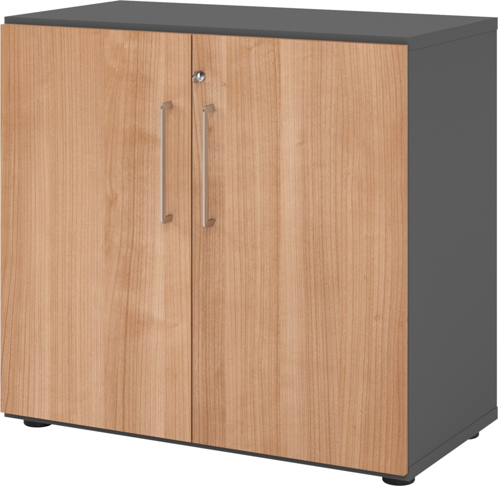 bümö Aktenschrank abschließbar, Büroschrank Holz 80cm breit in Graphit/Nussbaum - abschließbarer Schrank mit Aktenregal für's Büro & Arbeitszimmer, Büro Möbel Ordnerschrank mit Schloss, 928T2-G-N-BS Bild 1