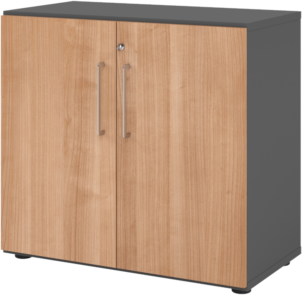 bümö Aktenschrank abschließbar, Büroschrank Holz 80cm breit in Graphit/Nussbaum - abschließbarer Schrank mit Aktenregal für's Büro & Arbeitszimmer, Büro Möbel Ordnerschrank mit Schloss, 928T2-G-N-BS Bild 1