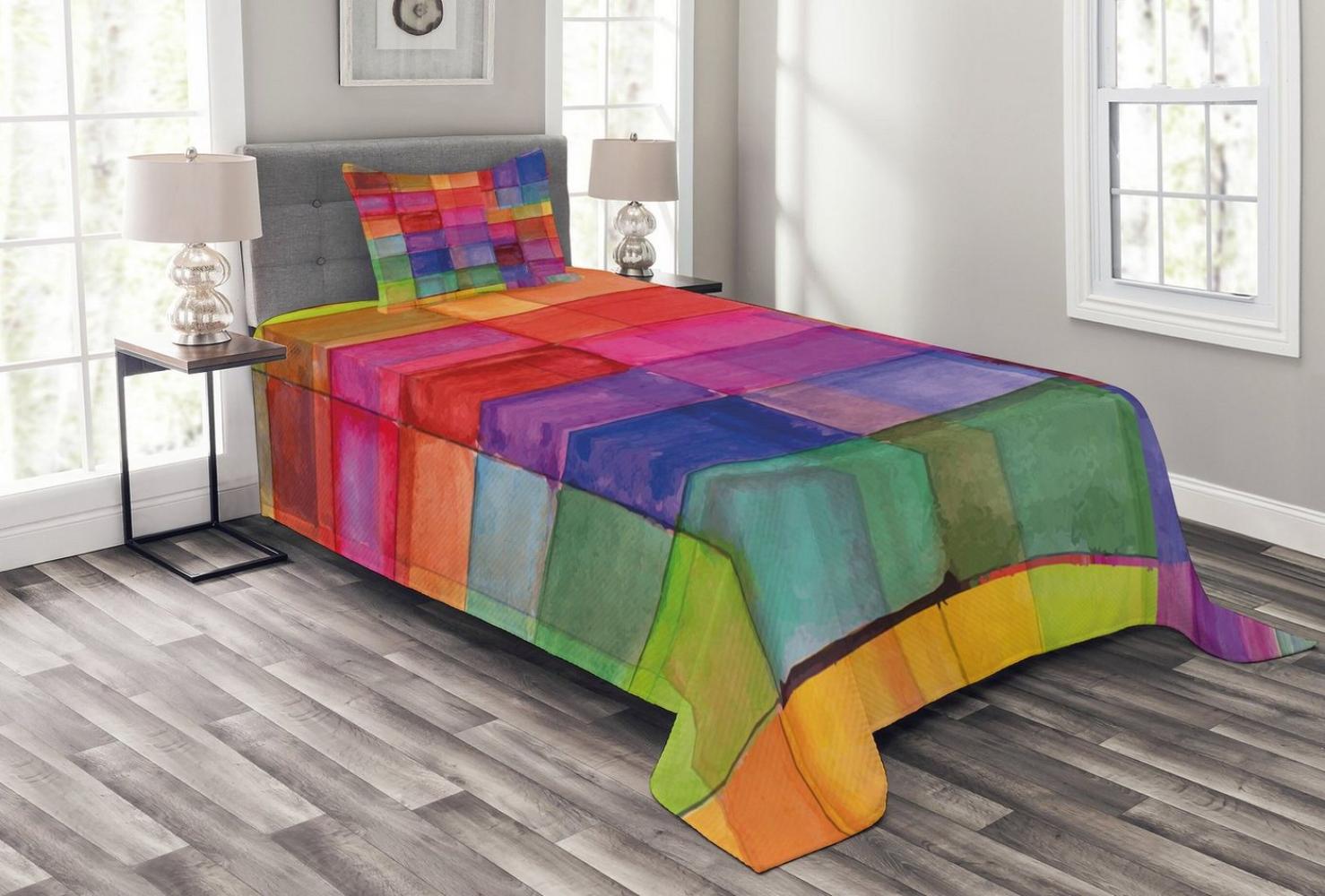 Abakuhaus Tagesdecke Set mit Kissenbezügen Waschbar, Abstrakt Regenbogen-Farben-Quadrate Bild 1