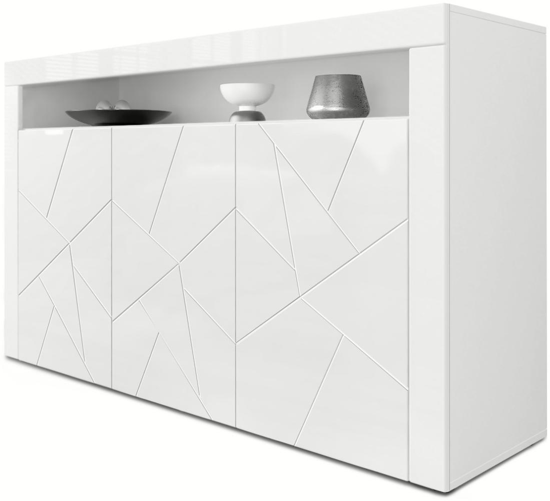 Vladon Sideboard Valencia, Kommode mit 3 Türen und 1 offenem Fach, Weiß Matt/Weiß Hochglanz Element mit 3D Struktur/Weiß Hochglanz (155 x 92 x 40 cm) Bild 1