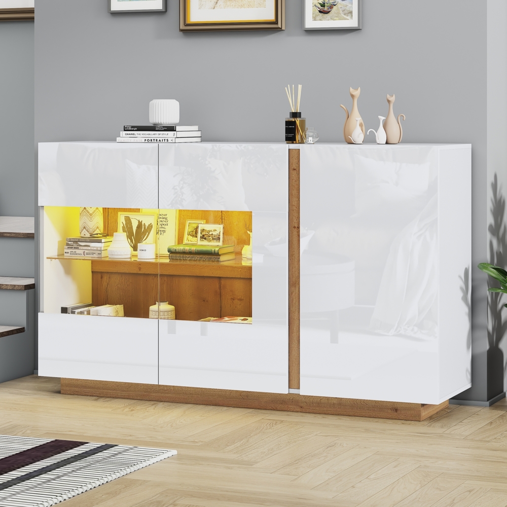 Merax Sideboard Hochglanz Kommode, weiße Spanplatte mit Glas, Holzsockel, Kommode Schrank Flurschrank 138*38*90,5cm Bild 1