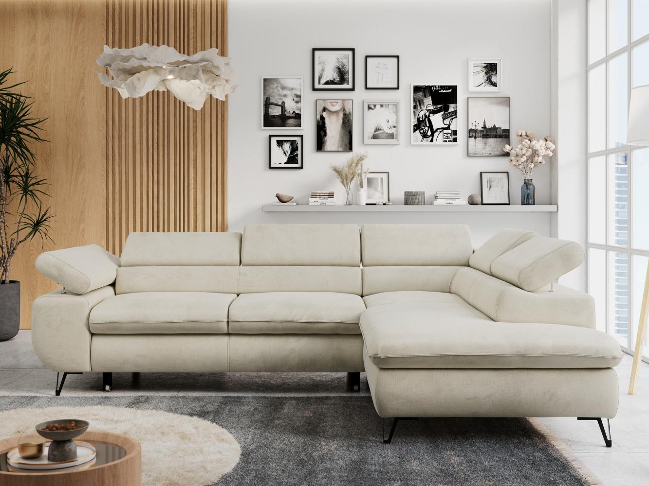 Ecksofa mit Bettfunktion, Modern Sofa, L-form, Einstellbare Kopfstützen, Bettkasten, PETER, 1x Ecksofa, 1x Topper, Beige, Velours, rechts Bild 1