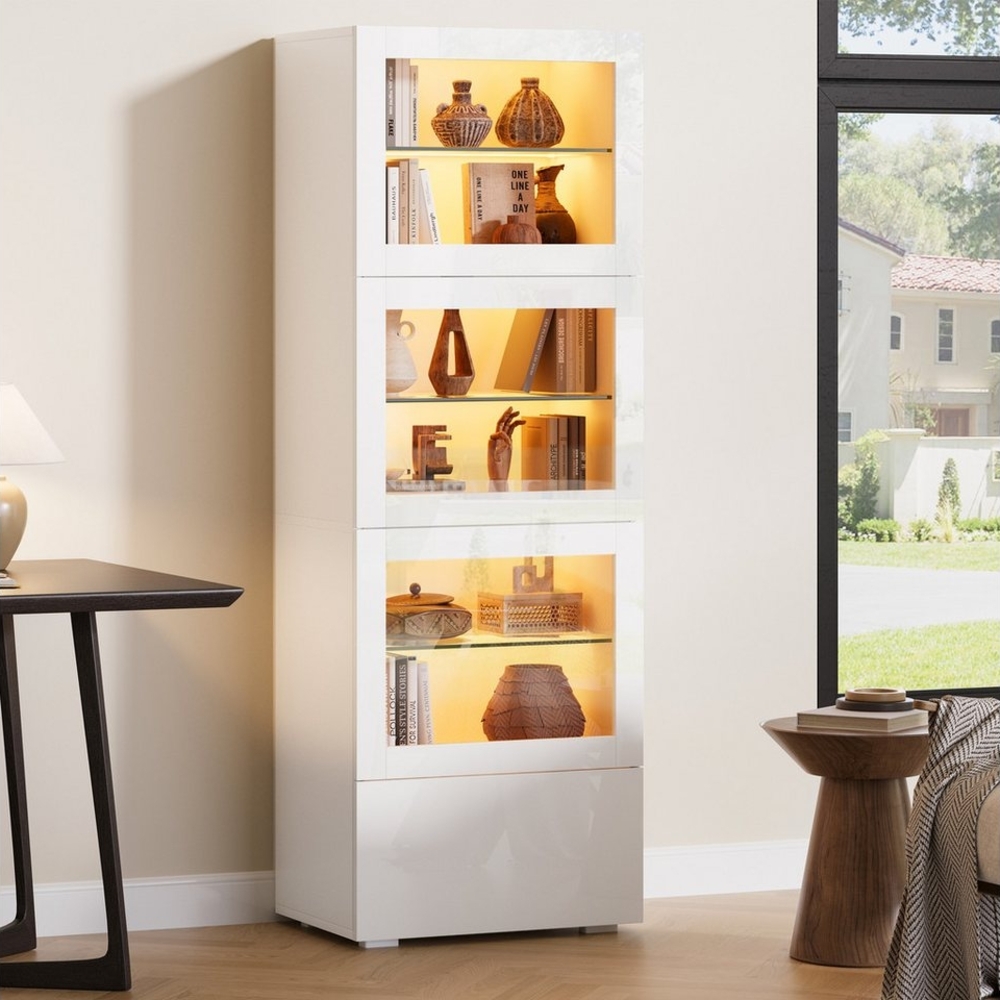 Merax Vitrine schmal Standvitrine mit LED-Beleuchtung inkl. App (60x40x173cm, 1-St, Wohnzimmerschrank Hochschrank Standregal Schrank) Vitrine mit Schublade, 3 Acryl-Türen & 3 höhenverstellbare Glasböden Bild 1