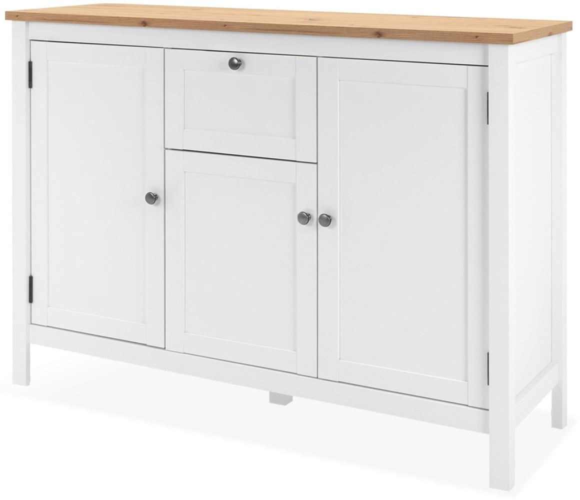 KHG Sideboard 3-türig mit 4 Einlegeboden Landhaus, Schublade Kommode aus Holzwerkstoff weiß foliert, Deckplatte Holzoptik Asteiche foliert, silberne Metall-Griffe, 120 x 90 x 40 cm (B/H/T) Bild 1