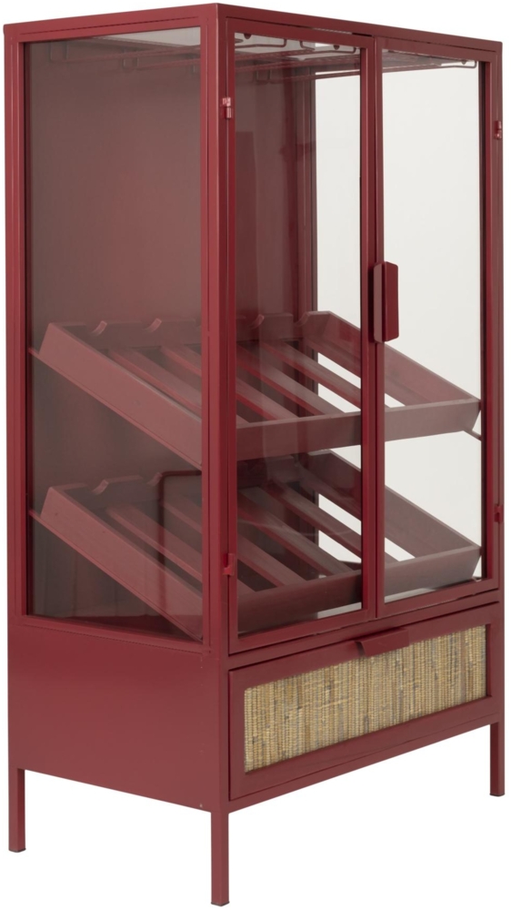 Weinschrank Weinregal MORI Vitrine aus Metall Rot mit Rattanschublade Bild 1
