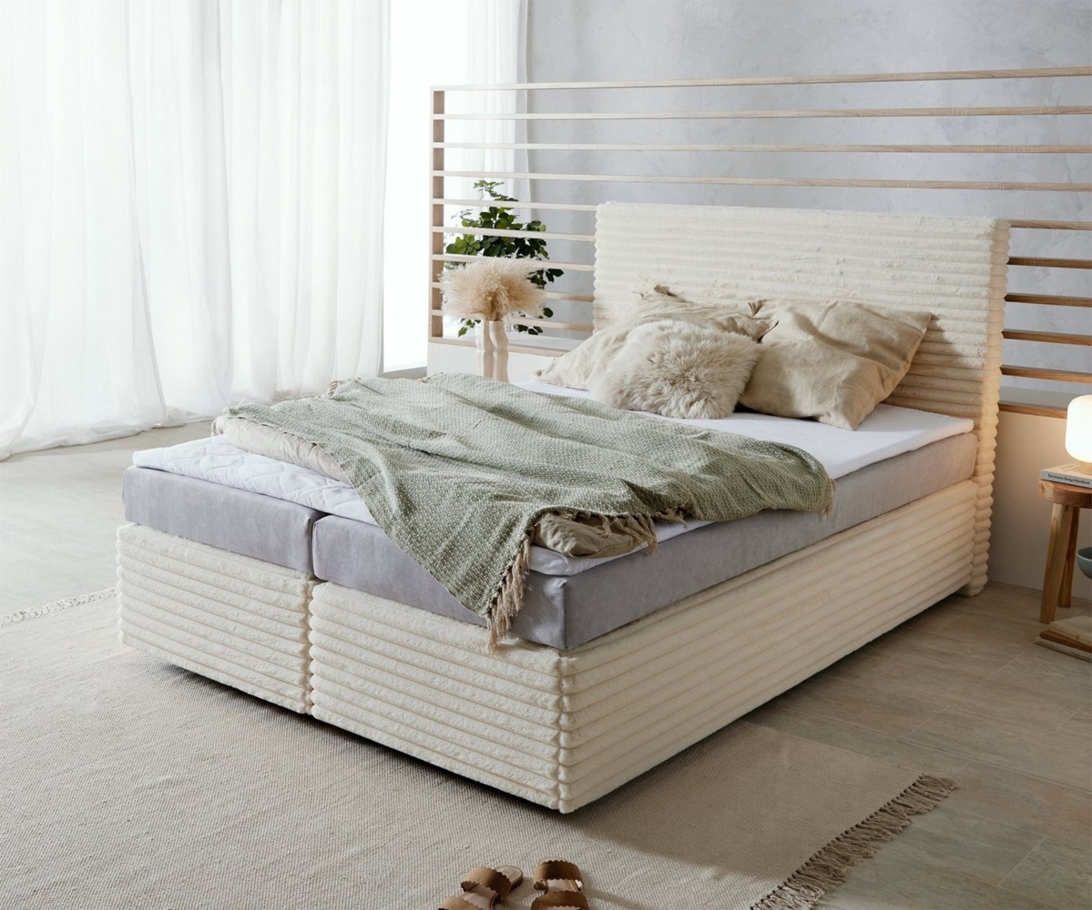 DELIFE Boxspringbett Dream-Well, Plüsch-Cord Beige 140x200 cm Bonell-Matratze PU-Topper Bild 1